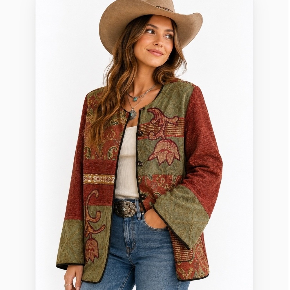 Indigo Moon Womens Red Olive Tapestry Chenille Patchwork Boho Jacket Medium M